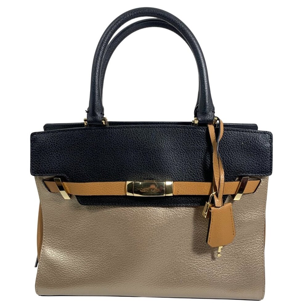 Calvin Klein Black Metallic Gold Tan Structured Satchel Buckle Lock Key EUC
